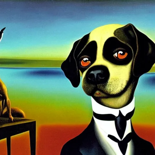 Prompt: a surrealist portrait of black pugalier dog wearing suit and tie, surreal background, by salvador dali