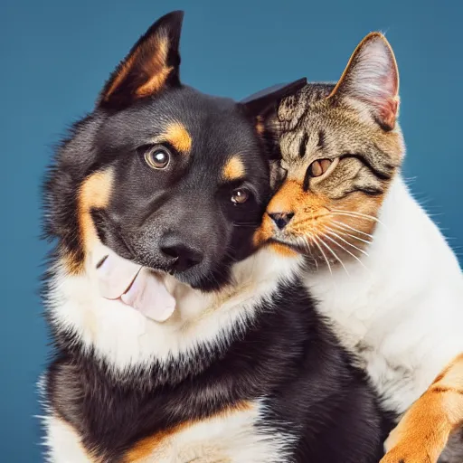 Image similar to a smiling dog sitting on top of a cat, professional photography