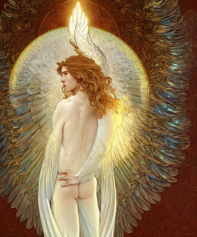 Image similar to fullbody symmetrical portrait of a beautiful young fit male angel with curly blond hairs, full dressed in long fluent clothes, majestic big dove wings, luminous halo, by greg rutkowski and alphonse mucha, gradient white to gold, in front of an iridescent background, highly detailed portrait, digital painting, artstation, concept art, smooth, sharp focus illustration