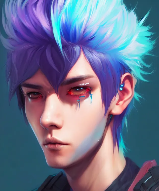 Image similar to character concept art of a cute cyberpunk boy with colorful hair and piercings | | cute - fine - face, pretty face, key visual, realistic shaded perfect face, fine details by stanley artgerm lau, wlop, rossdraws, james jean, andrei riabovitchev, marc simonetti, and sakimichan, trending on artstation