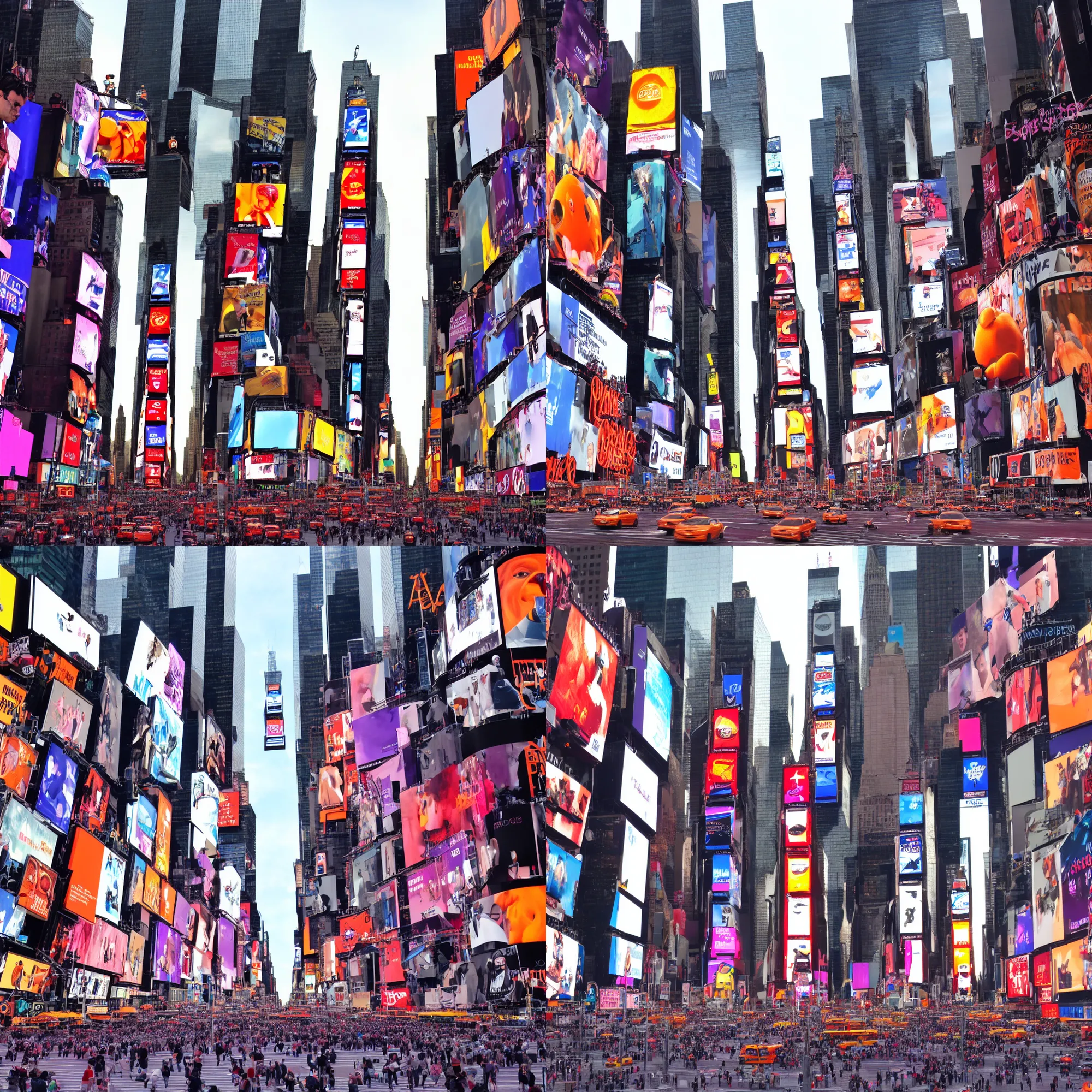 Prompt: a still of Times Square in NY but the screens keep showing Annoying Orange