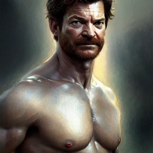 Image similar to rugged jason bateman, handsome, D&D, upper body, muscular, hairy torso, fantasy, intricate, elegant, highly detailed, digital painting, artstation, concept art, smooth, sharp focus, illustration, art by artgerm and greg rutkowski and alphonse mucha