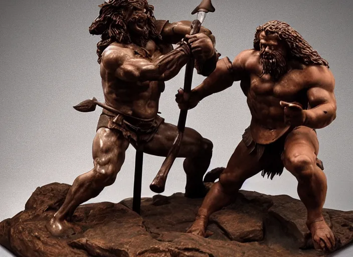 Image similar to a full figure rubber sculpture of conan the barbarian fighting a giant troll, by Michelangelo, dramatic lighting, foggy atmosphere, rough texture, subsurface scattering, wide angle lens