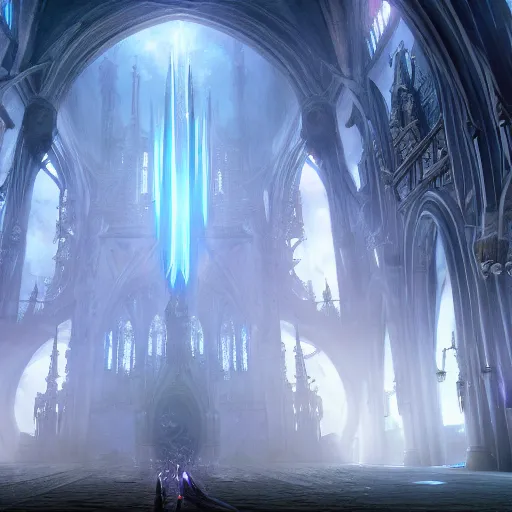 Image similar to a huge dark eldritch cathedral filled with blue ray traced light by WLOP and tony sart and bekinski, god rays, fantasy art, 4k, HDR, photorealistic, 8k, trending on artstation