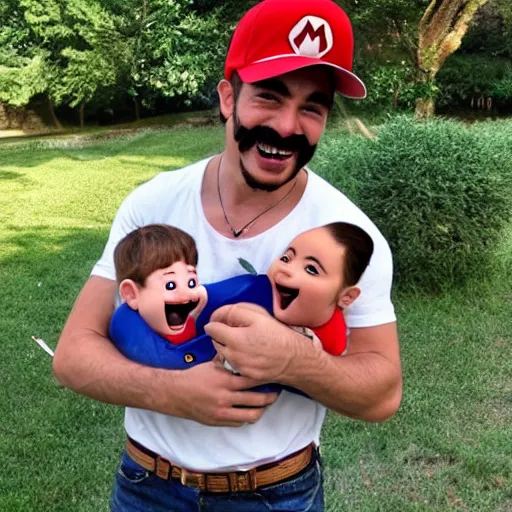 Prompt: super mario smiling while holding a screaming crying kid in his arms