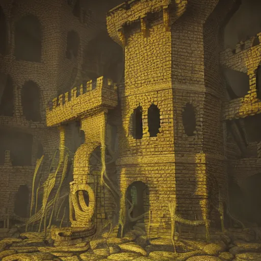 Image similar to a lovecraftian horror castle scene, cinematic, arstation, detailed, octane,