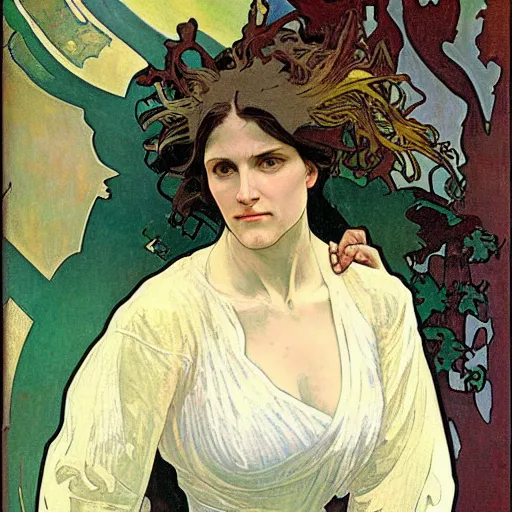 Image similar to pale woman, angry, painted by alphonse mucha