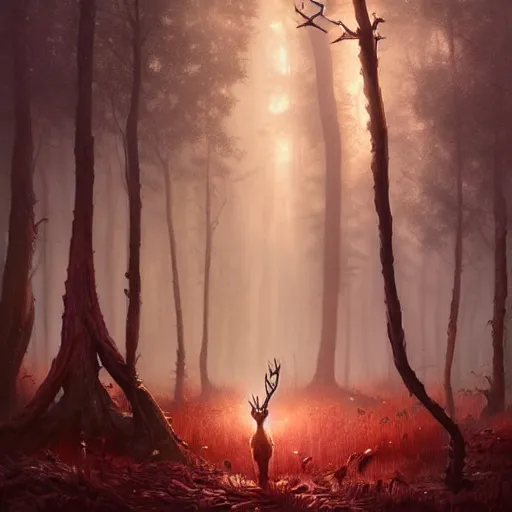 Prompt: highly detailed creepy forest creature with antlers, stephen bliss, unreal engine, fantasy art by greg rutkowski, loish, rhads, ferdinand knab, makoto shinkai and lois van baarle, ilya kuvshinov, rossdraws, tom bagshaw, global illumination, radiant light, detailed and intricate environment