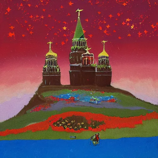 Prompt: decollage painting Moscow Kremlin road red armor bear grub and skeleton frog alien in the dark red cloudy night sky with gold foil Jewish stars and Egyptian symbols, a mountain lake and a flowering field of poppies in the background, painted by Artist Derek, Helen Frankenthaler, Bill Traylor painting, part by Philip Guston, Larry Carroll, Beksinski painting, art by Takato Yamamoto. masterpiece. rendered in blender, ultra realistic, smooth shading, ultra detailed, high resolution, cinematic, radiant colors, fantasy, trending on artstation, volumetric lighting, micro details, 3d sculpture, ray tracing, 8k