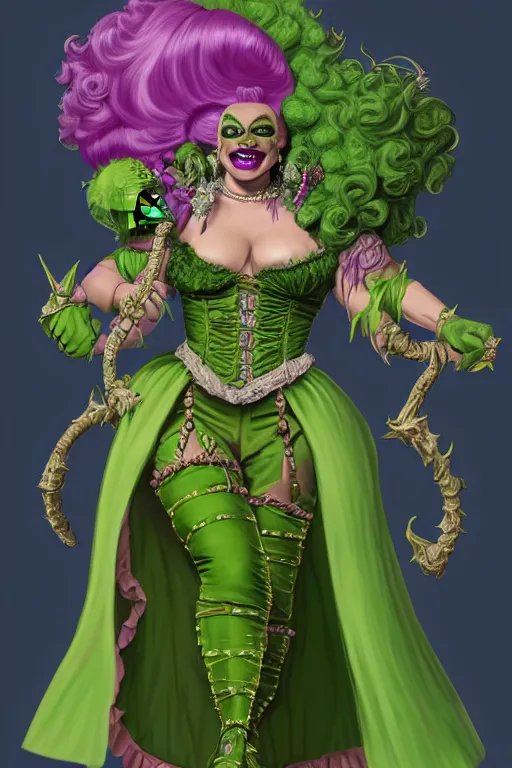 Prompt: d&d character artwork of a green-skinned orc drag queen, drag queen orc in frilly rococo ballgown and wearing a huge rococo powdered wig, rococo fashion, trending on artstation, sharp focus, 4k digital painting