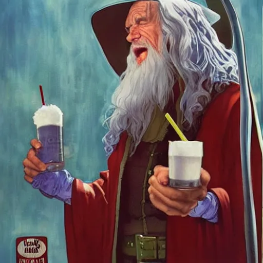 Prompt: comic book cover for'gandalf drinking a milkshake ', art by alex ross