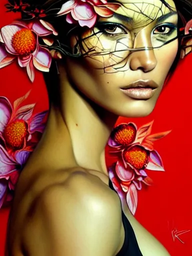 Image similar to a portrait of latina supermodel with a floral background by karol bak, artgerm, moebius, yoji shinkawa : : portrait, illustration, photorealism, hyperrealism