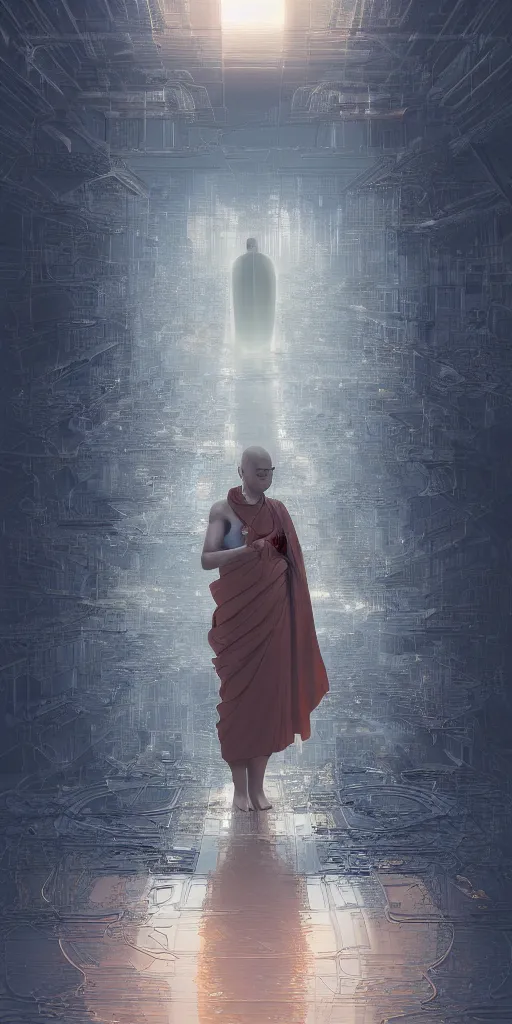 Image similar to portrait of a serene futuristic buddhist monk experiencing ego death, sunrise, heroic lighting, cyberpunk, intricate, elegant, highly detailed, lifelike, photorealistic, digital painting, artstation, illustration, concept art, smooth, sharp focus, art by John Collier and Albert Aublet, bright warm colour tone