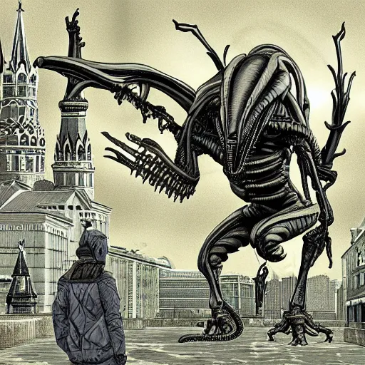 Prompt: Xenomorphs taking over Moscow by Kentaro Miura