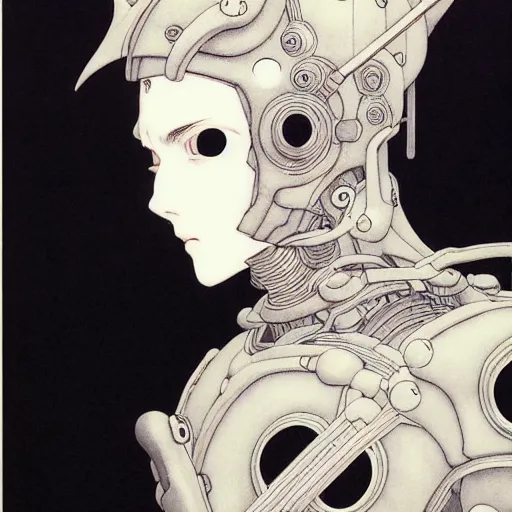 Image similar to prompt : black and white portrait soft light painted by takato yamamoto, human modified by mecha attributes and armor, inspired by ghost in shell anime, smooth face feature, intricate oil painting, high detail, sharp high detail, manga and anime 1 9 8 0