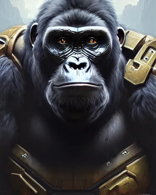 Image similar to winston the gorilla in his armor from overwatch, character portrait, portrait, close up, concept art, intricate details, highly detailed by greg rutkowski, michael whelan and gustave dore