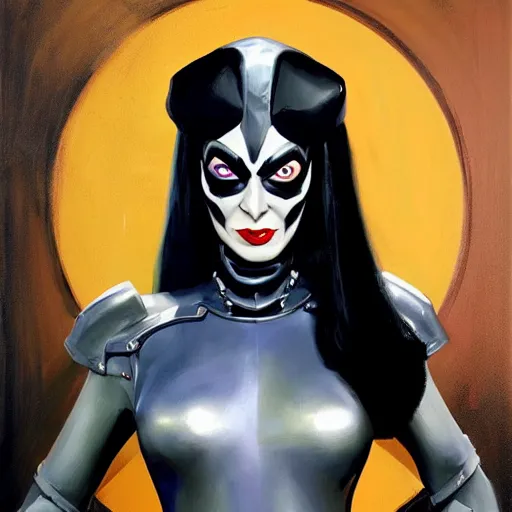 Image similar to greg manchess portrait painting of armored morticia from addams family as overwatch character, medium shot, asymmetrical, profile picture, organic painting, sunny day, matte painting, bold shapes, hard edges, street art, trending on artstation, by huang guangjian and gil elvgren and greg rutkowski