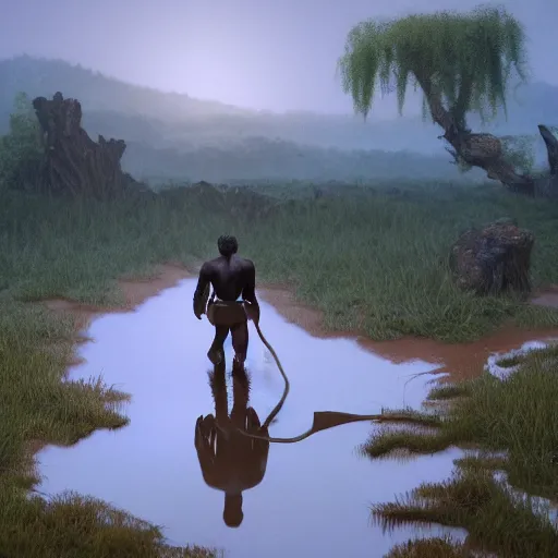 Prompt: large diorama, young man in leather tunic and loincloth, hopelessly pulling his horse from the mud of the swamp of sadness. Swampy, in the style of hudson river school, dark, volumetric lighting, crepuscule, octane render