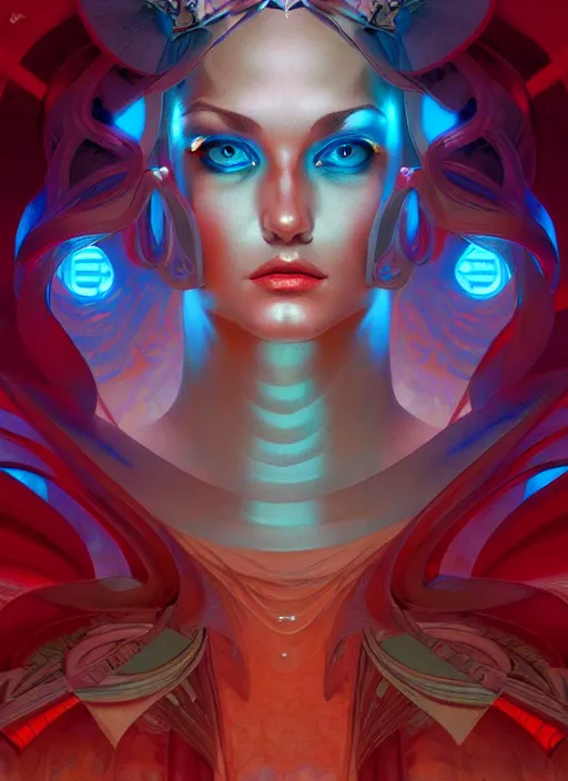 Image similar to the goddess hera looking angry, paper dress, volumetric lights, red and cyan theme, futuristic, intricate, highly detailed, digital painting, artstation, concept art, smooth, sharp focus, symmetric face, illustration, art by artgerm and greg rutkowski and alphonse mucha