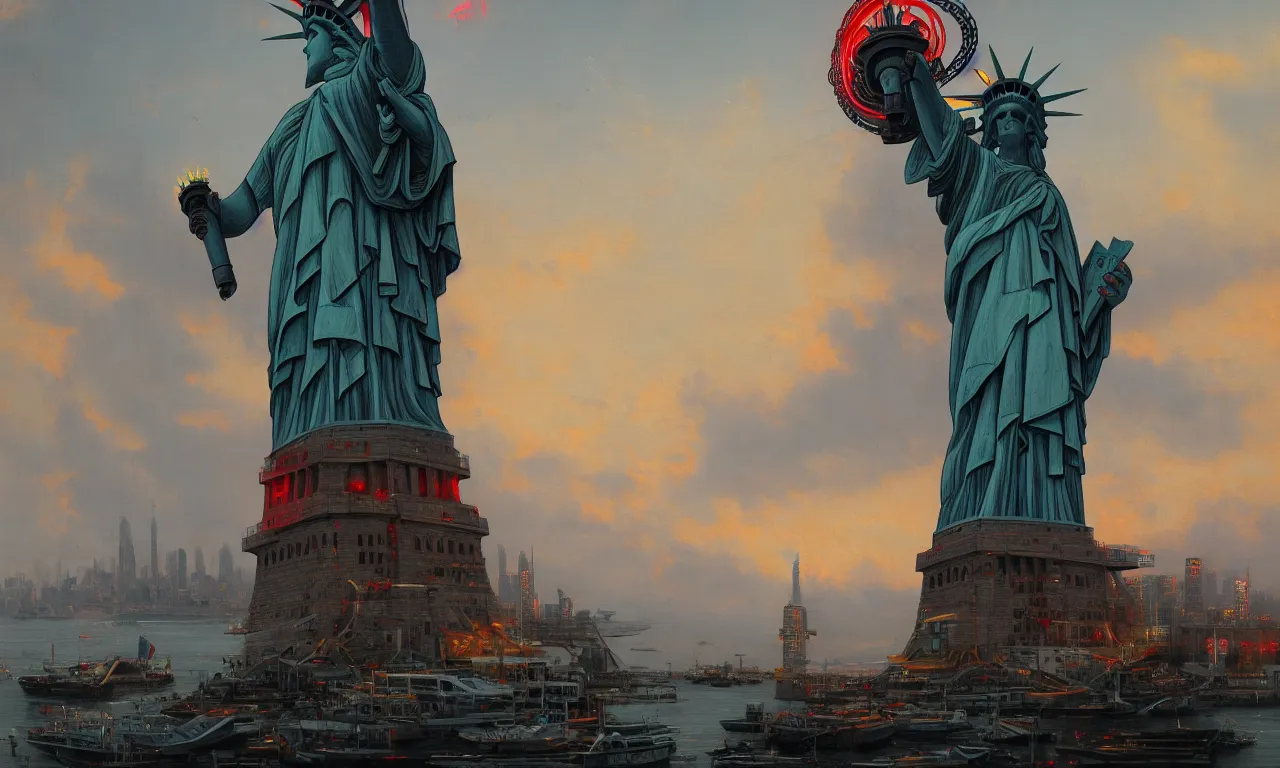 Prompt: giant harbor robot statue of liberty looking over the harbor, by asher brown durand, trending on artstation, 8 k resolution, red lights, cyberpunk, demonic symbols