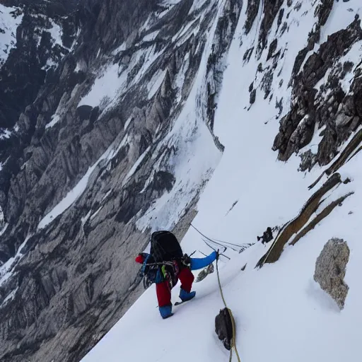 Image similar to two climbers trying to climb to the top of the world with an avalanche that sweeps them away , photo