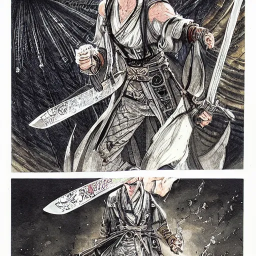 Prompt: a handsome golden Vagabond magic swordsman glides through a beautiful battlefield magic the gathering dramatic esoteric pen and ink illustrated in high detail by Hiroya Oku and Tatsuki Fujimoto