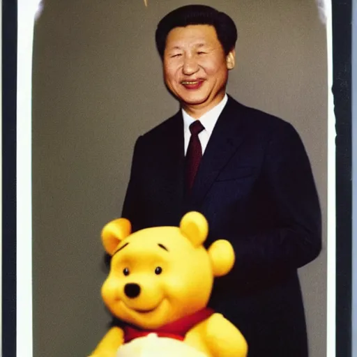 Image similar to polaroid photograph and ccp president xi jing ping pictured with winnie the pooh