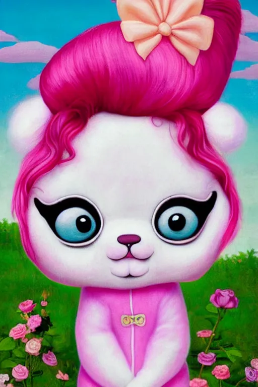 Image similar to an image of a girl with pink hair wearing a panda onesie looking across, evokes chrysalism painting by mark ryden, and lisa frank