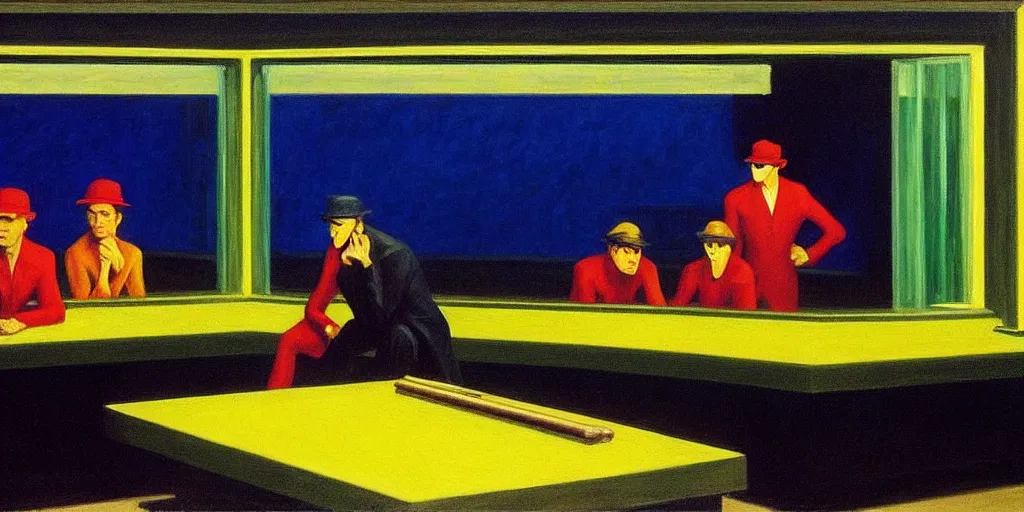 Image similar to jim carrey in the painting nighthawks by edward hopper with