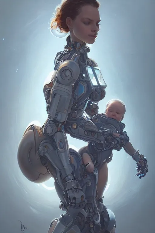 Image similar to ultra realistic illustration, robot woman carrying a baby + face, cyberpunk, sci - fi, fantasy, intricate, elegant, highly detailed, digital painting, artstation, concept art, smooth, sharp focus, illustration, art by artgerm and greg rutkowski and alphonse mucha