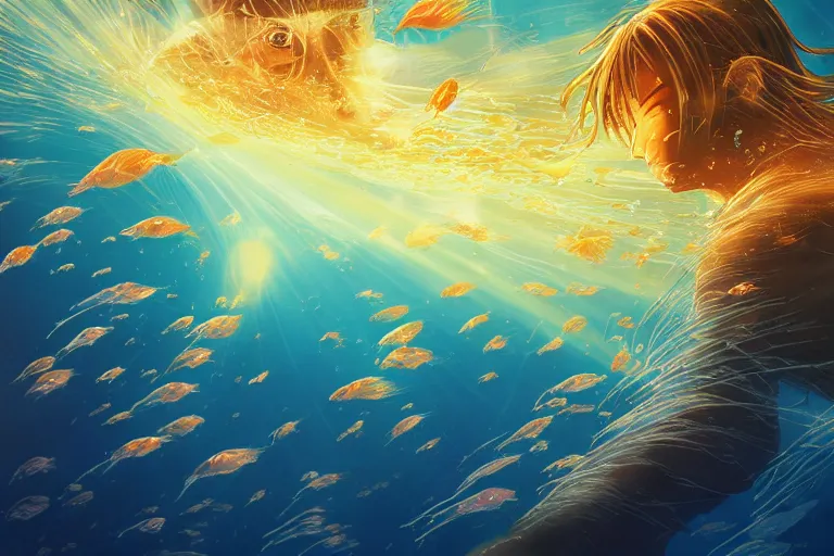 Image similar to portrait of goldfishes swarming the ocean. shadow and light. rays of light. energetic, dynamic, lively, detailed, intricate, complex. fine art by hayao miyazaki, akira toriyama, and makoto shinkai.