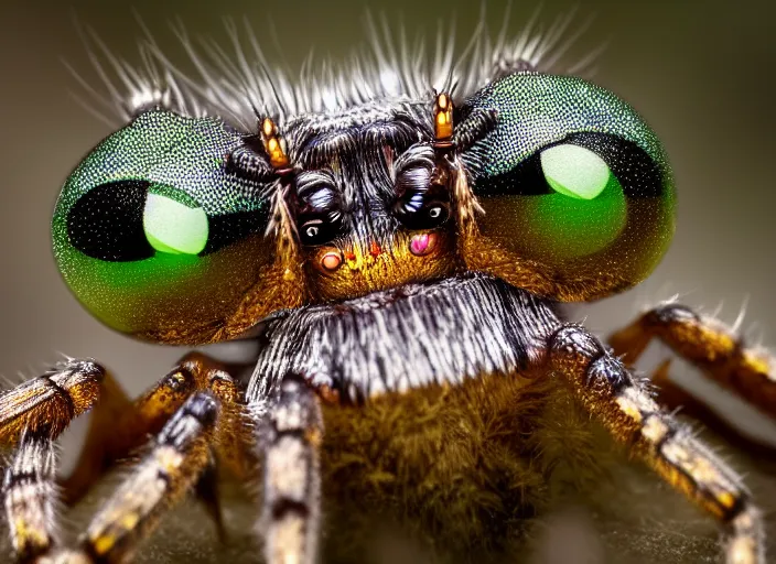 Image similar to super macro of a diamond spider with big eyes sitting on a flower, in the forest. fantasy magic style. highly detailed 8 k. intricate. nikon d 8 5 0 3 0 0 mm. award winning photography.