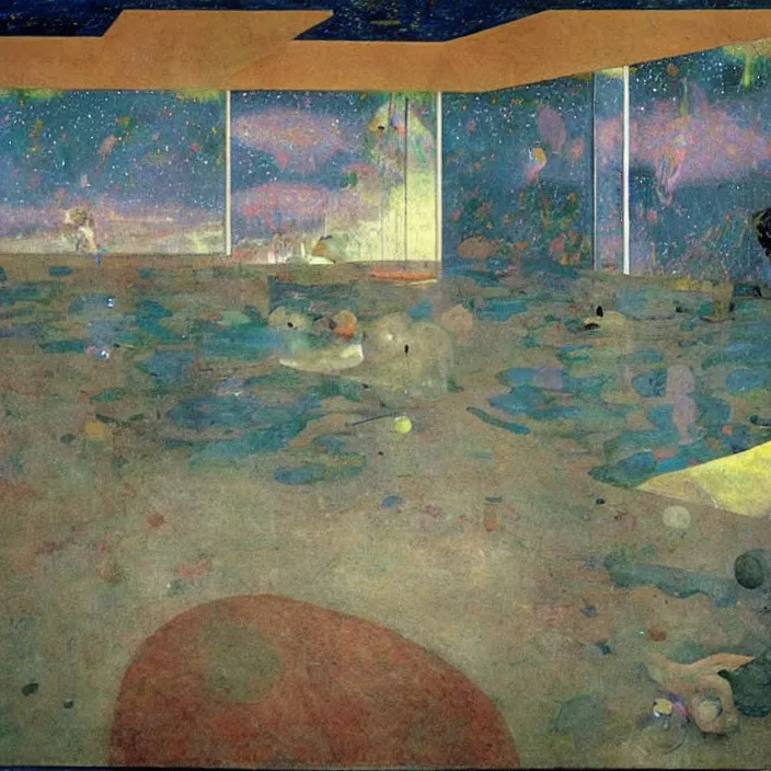 Image similar to interior of a house flooded. aurora borealis. iridescent, psychedelic colors. painting by balthus, piero della francesca, agnes pelton, utamaro, monet