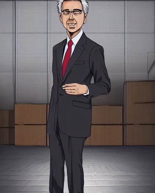 Image similar to Digital presidential anime art of Alvaro Uribe Velez by A-1 studios, serious expression, empty warehouse background, highly detailed, spotlight