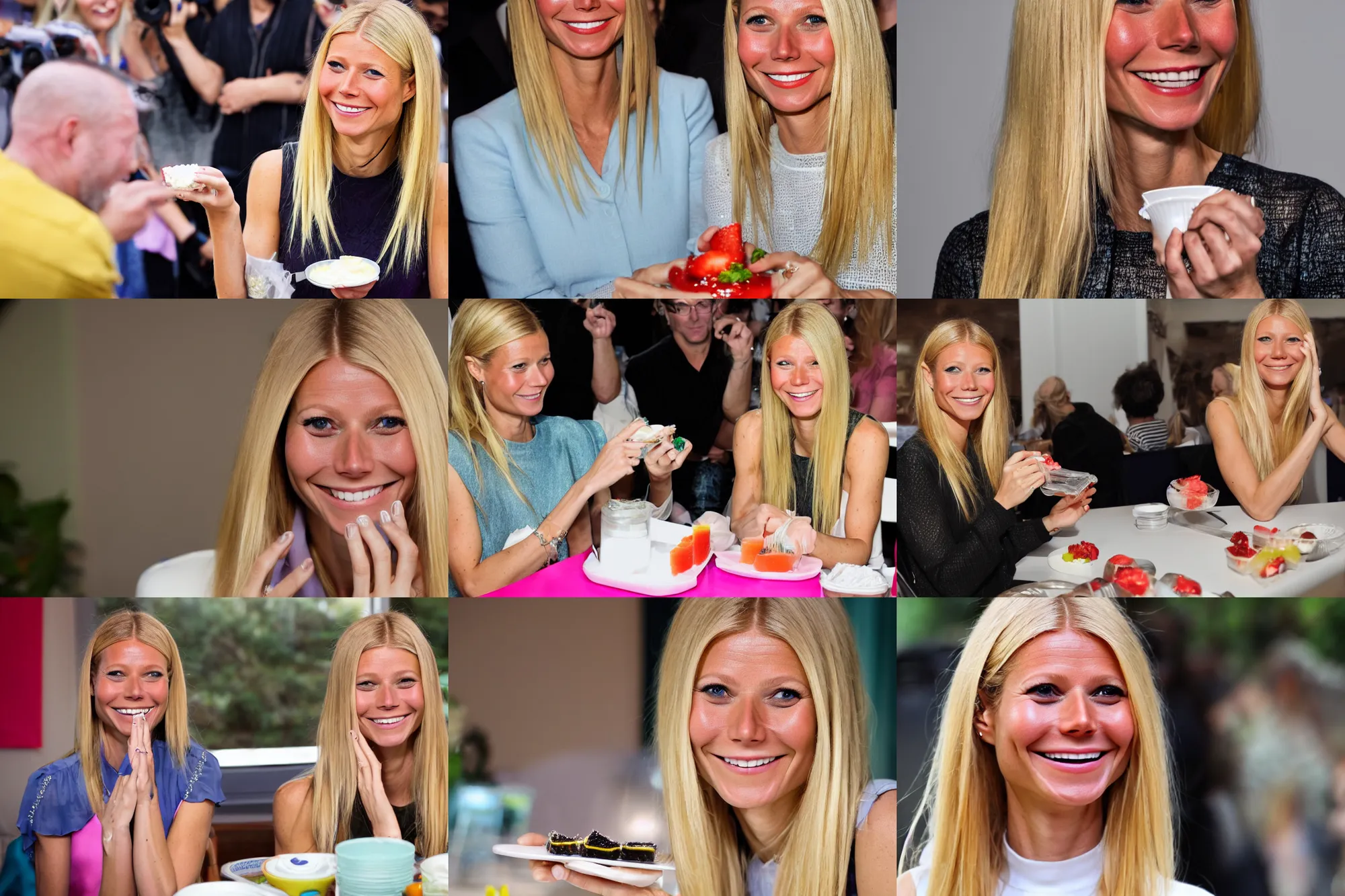 Prompt: gwyneth paltrow eating jell-o, evil grin, 4k, photography, sharp focus