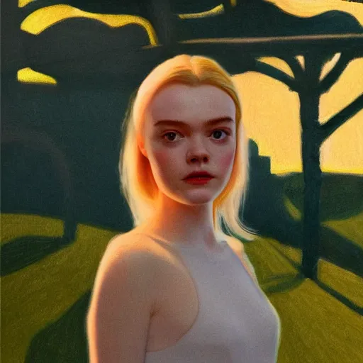 Prompt: Elle Fanning, head and shoulders masterpiece, in Alien, golden hour, in a garden, artstation, in the style of Art Deco and Edward Hopper and Bosch, extremely detailed