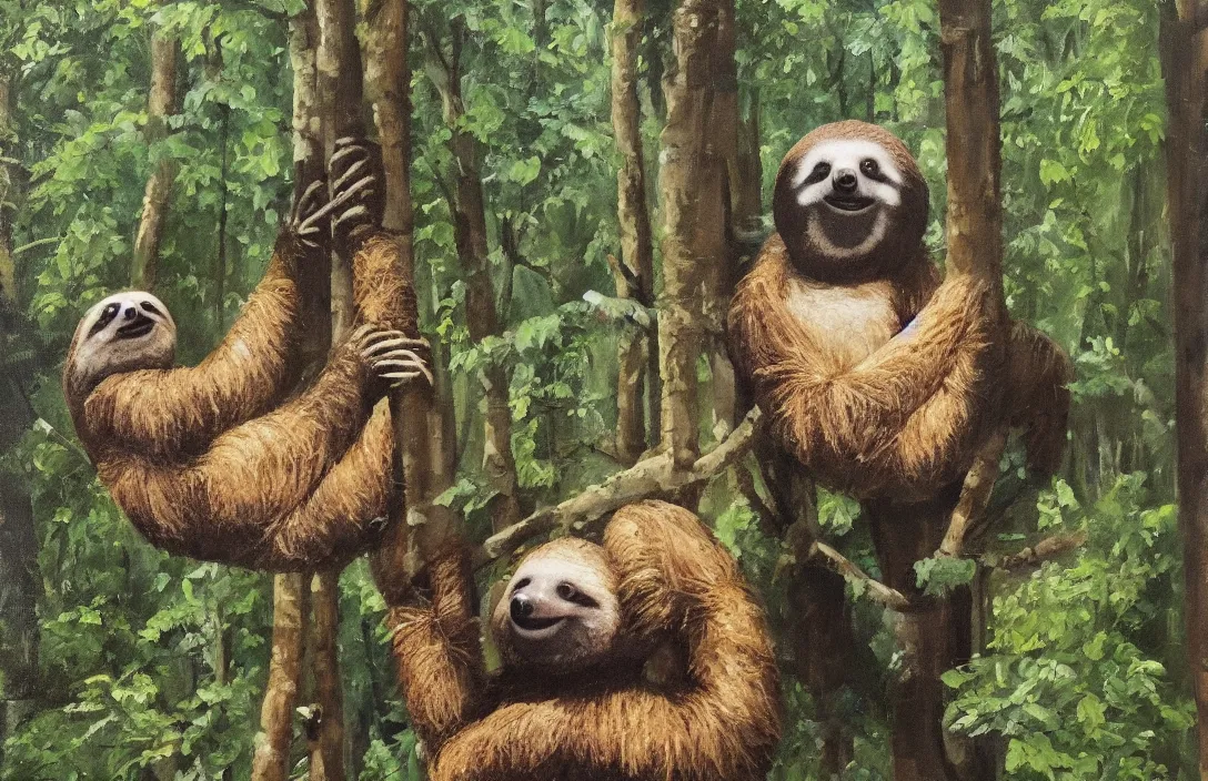 Prompt: a work uniform sitting next to a sloth in a forest, oil painting