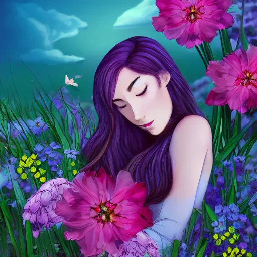 Image similar to a picture of a dreaming woman with flowers grow out of hair, roses peonies forget-me-nots dahlias lupins gladioli, sky theme in background, Digital Art, Trending on artstation