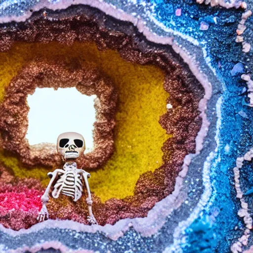 Image similar to tiny dinosaur skeleton inside a geode of colored crystals