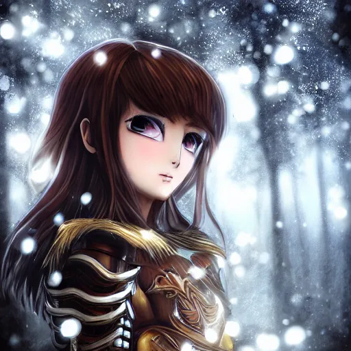 Prompt: portrait focus of knight beautiful 3D anime girl, wood armor wearing, dark forest background, snowing, bokeh, inspired by Masami Kurumada, digital painting, high contrast, unreal engine render, volumetric lighting, high détail