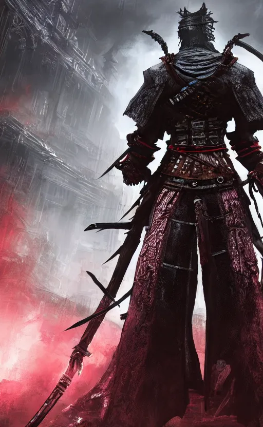 Prompt: an ultrawide photo of cyberpunk samurai with double sword, bloodborne concept art, 4 k