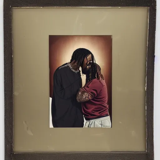 Image similar to studio photo of jesus kissing travis scott, studio portrait