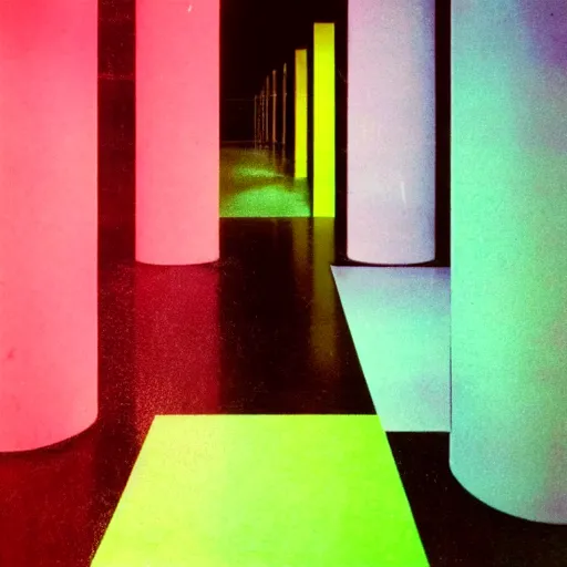 Prompt: noisy color photograph of a retrofuturist liminal space, dark pit, minimalist, cinematic, soft vintage glow