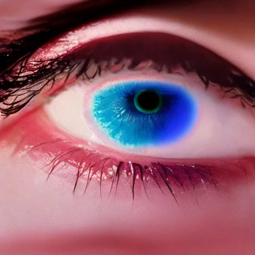 Image similar to (((((((( film still of a human eye with rainbow iris : realistic skin, realistic eye lashes : 8K UHD : colour splash !!!!!!