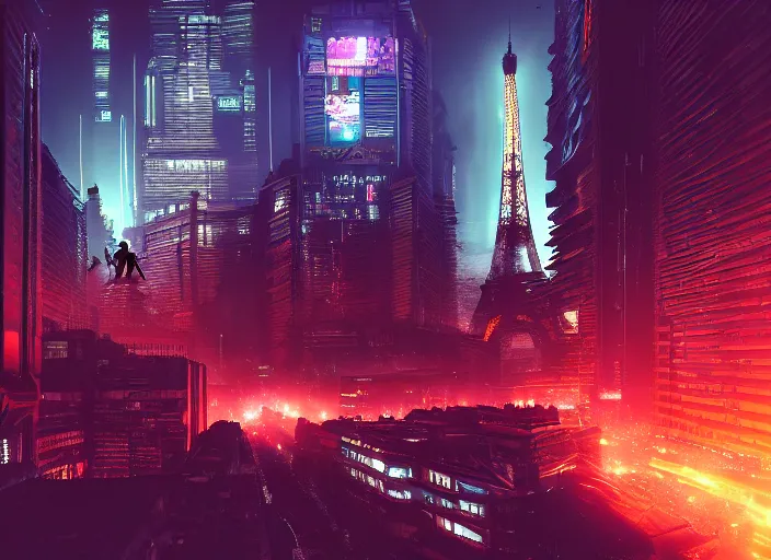 Image similar to cyberpunk scifi scene of paris at night, scifi drones in the sky, artstation, matt painting, very detailed, maximalism, ambient occlusion, volumetric light, atmospheric haze, unreal engine, hyper realism, realistic shading, cinematic composition, realistic render, octane render, detailed textures, photorealistic, wide shot