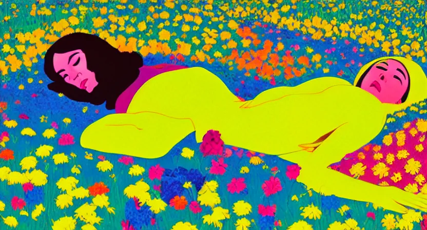 Image similar to a lady taking a long nap on a bed made of flowers, bright neon colours, highly detailed, cinematic, hiroo isono, eyvind earle