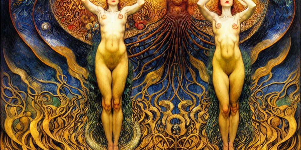 Image similar to Divine Chaos Engine by Karol Bak, Jean Delville, William Blake, Gustav Klimt, and Vincent Van Gogh, symbolist, visionary