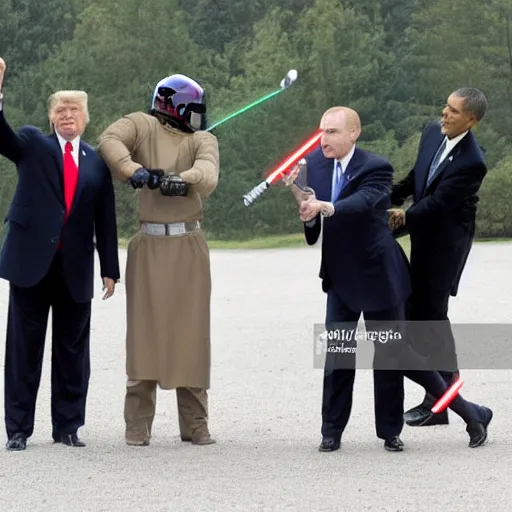 Image similar to putin, trump, obama and bush having a lightsaber battle