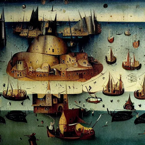 Prompt: Stunning and highly detailed painting of Port Rhu by Hieronymus Bosch