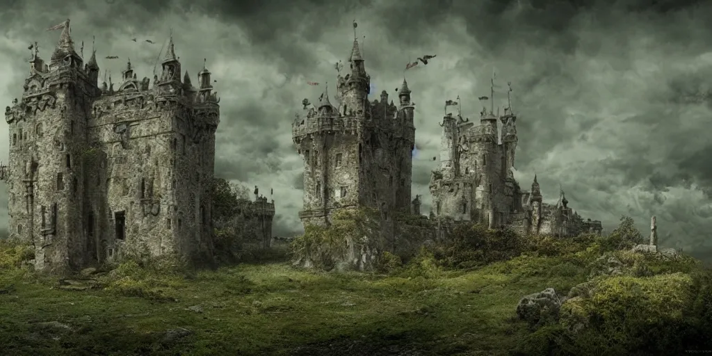 Image similar to matte painting, castle, dramatic landscape, overgrown, cinematic, overcast